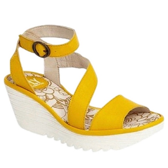 Fly London Yesk Yellow Wedge Sandals 39 US 8-8.5 Ankle Strap - Picture 1 of 11
